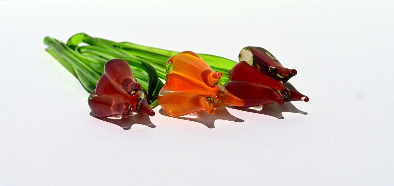 Handmade Glass Tulip Bouquet: Red-Orange Floral Sculpture
