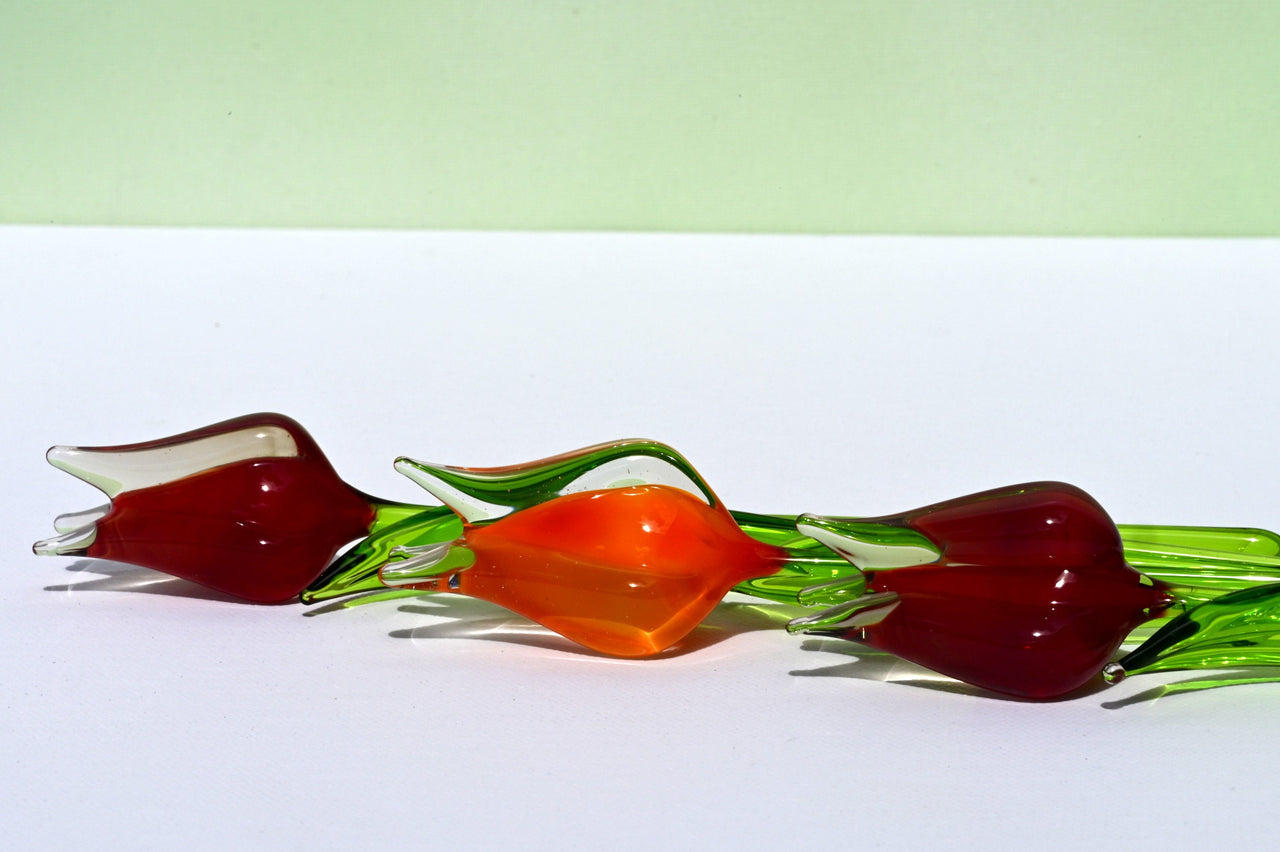 Handmade Glass Tulip Bouquet: Red-Orange Floral Sculpture