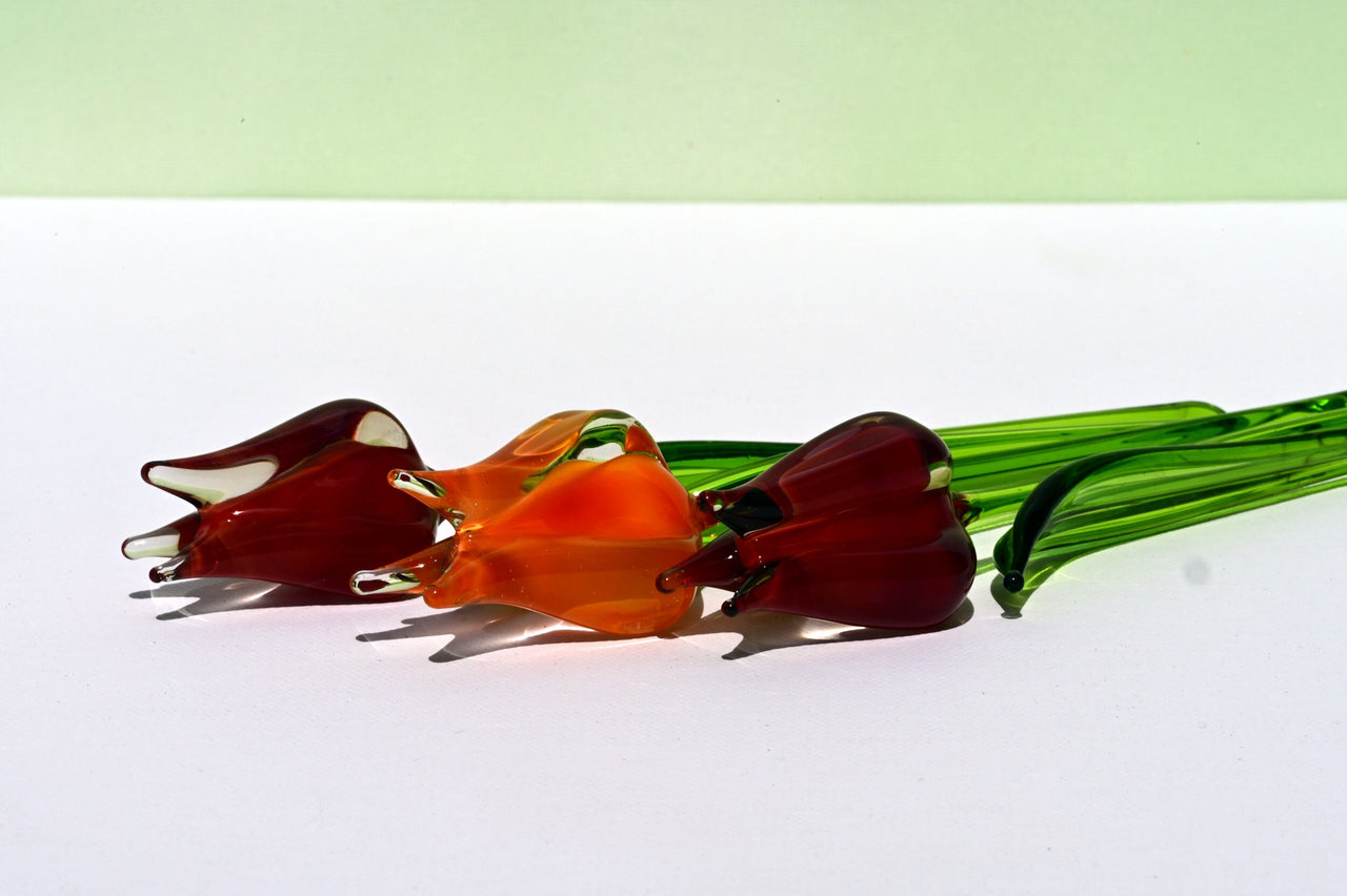 Handmade Glass Tulip Bouquet: Red-Orange Floral Sculpture