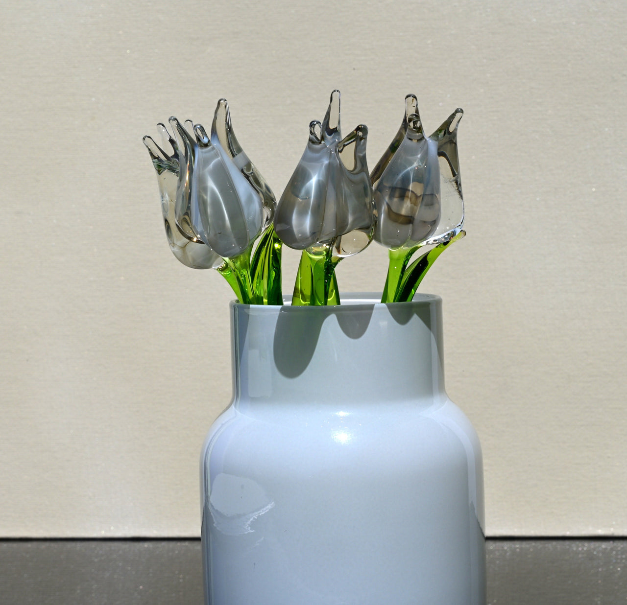 Handmade Opal Glass Tulip: Flame Worked Sculpture, 7.2 inch