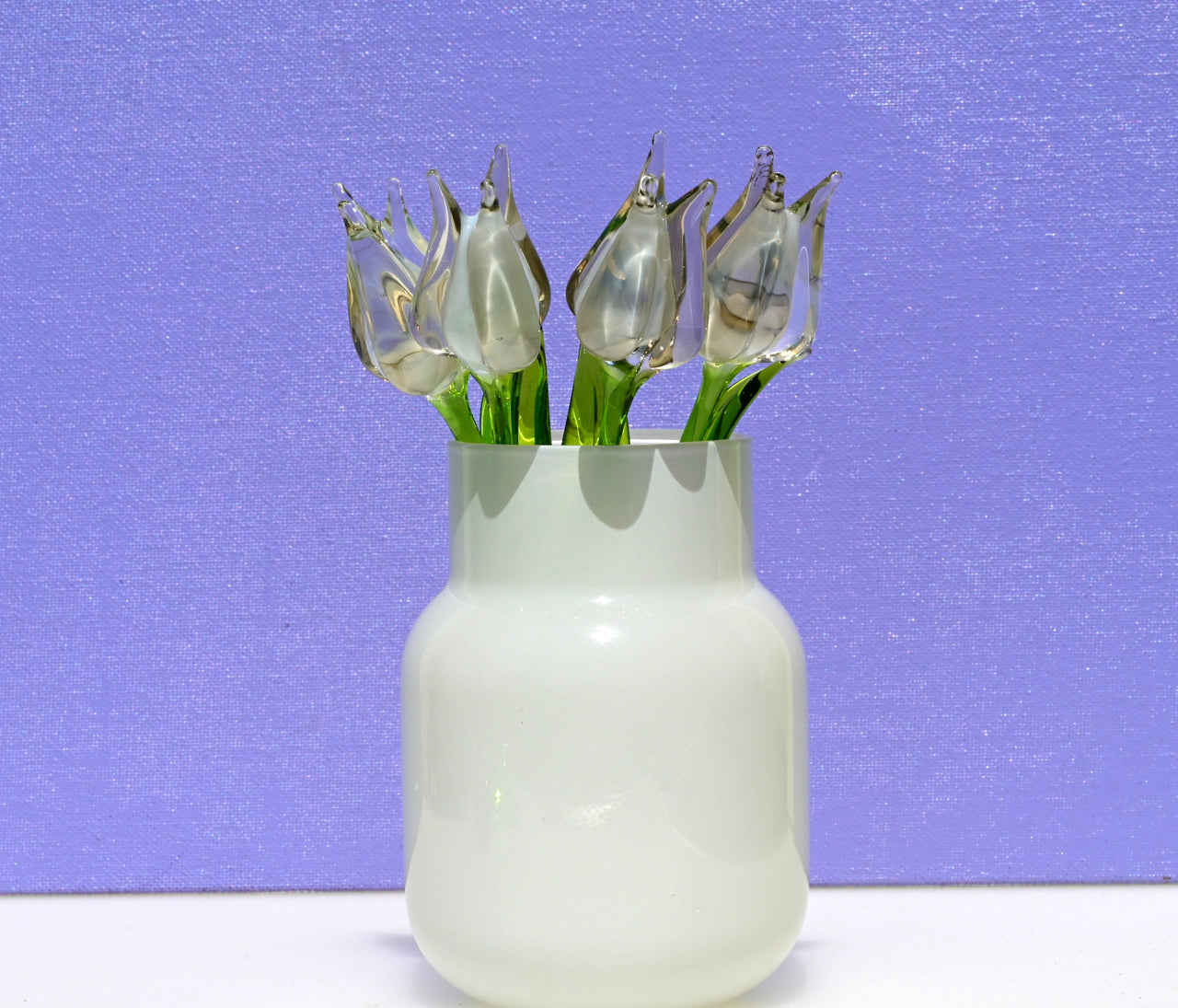 Handmade Opal Glass Tulip: Flame Worked Sculpture, 7.2 inch