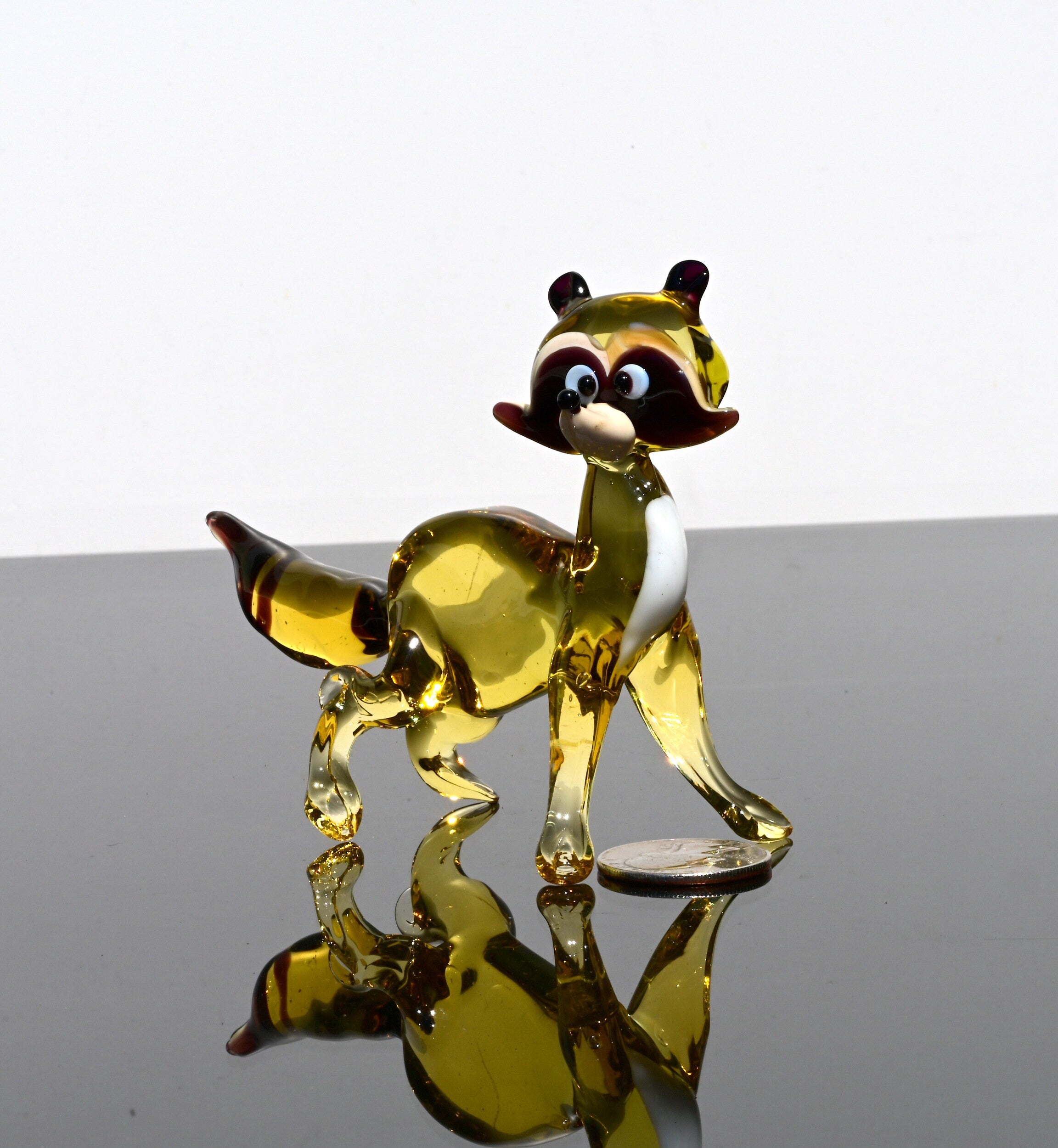Handmade Amber Glass Raccoon Figurine: Whimsical Art Glass Sculpture