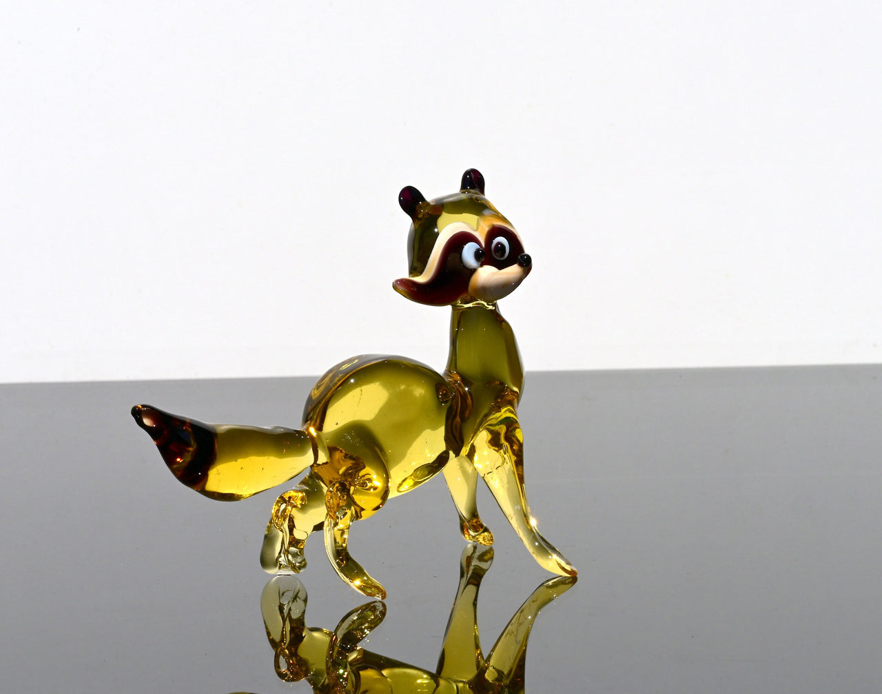 Handmade Amber Glass Raccoon Figurine: Whimsical Art Glass Sculpture