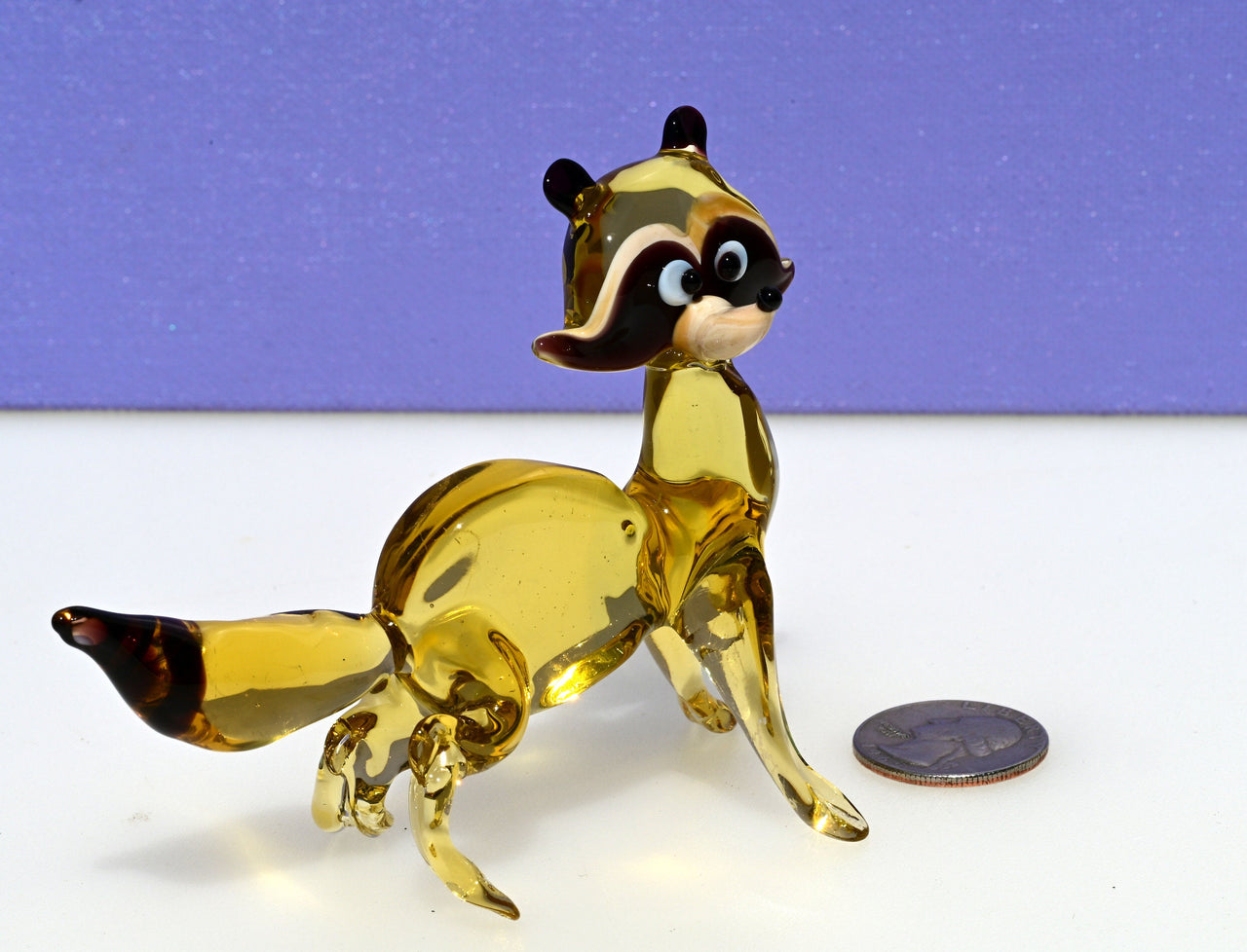 Handmade Amber Glass Raccoon Figurine: Whimsical Art Glass Sculpture