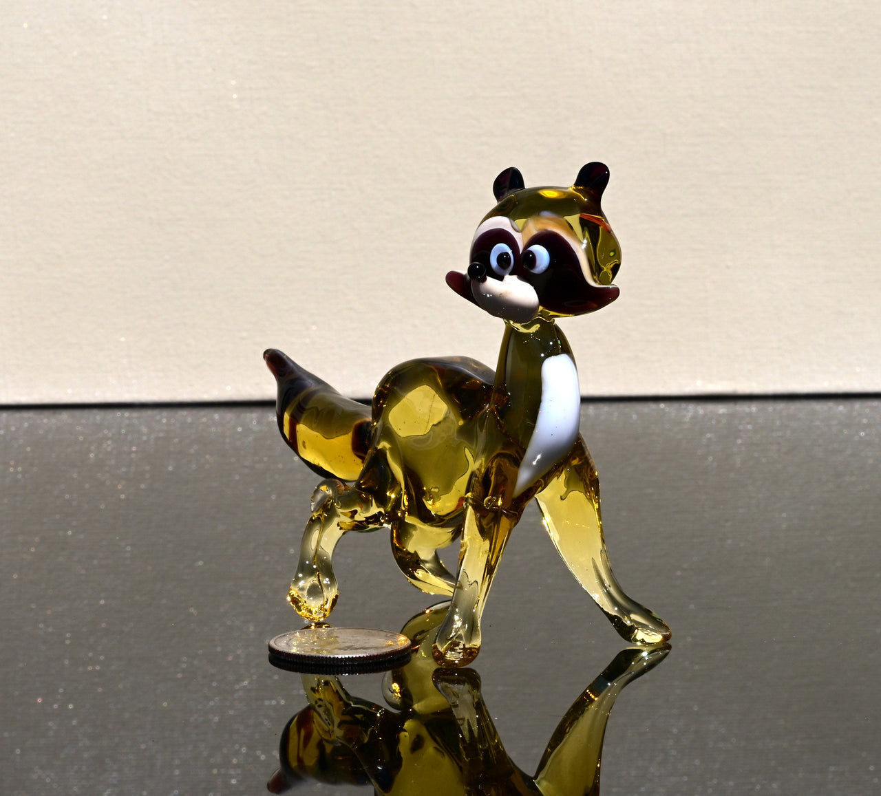 Handmade Amber Glass Raccoon Figurine: Whimsical Art Glass Sculpture