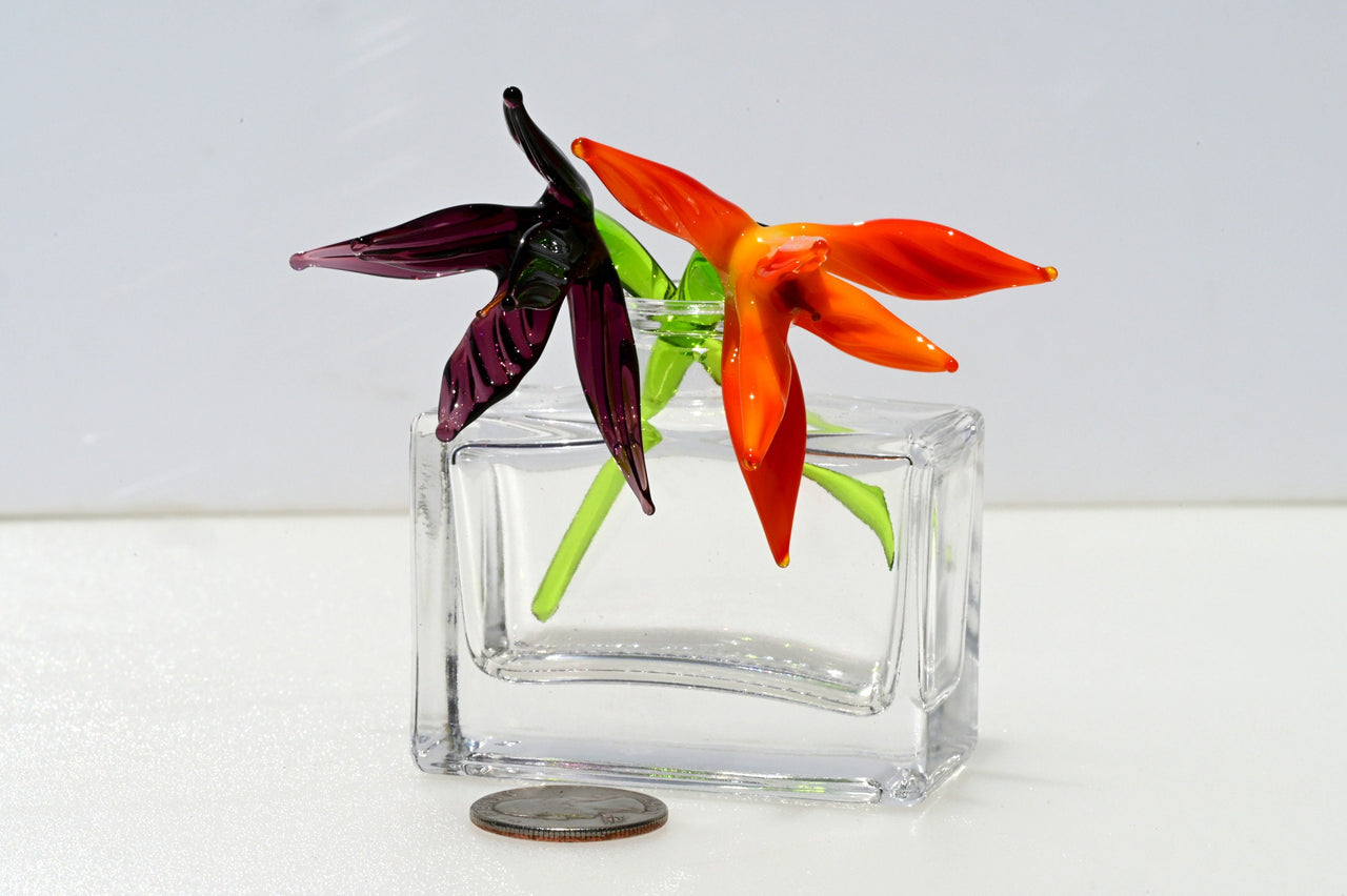 Elegant Bouquet of 2 colorful short-stem glass birds of the paradise-like flower. Unique gift. The price is for the bouquet of two flowers.