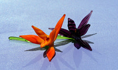 Elegant Bouquet of 2 colorful short-stem glass birds of the paradise-like flower. Unique gift. The price is for the bouquet of two flowers.