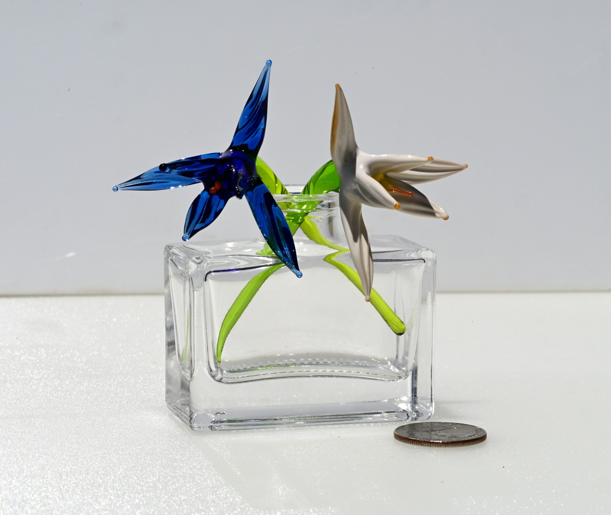 Handblown Glass Bird of Paradise Flowers: Blue and White Tropical Decor