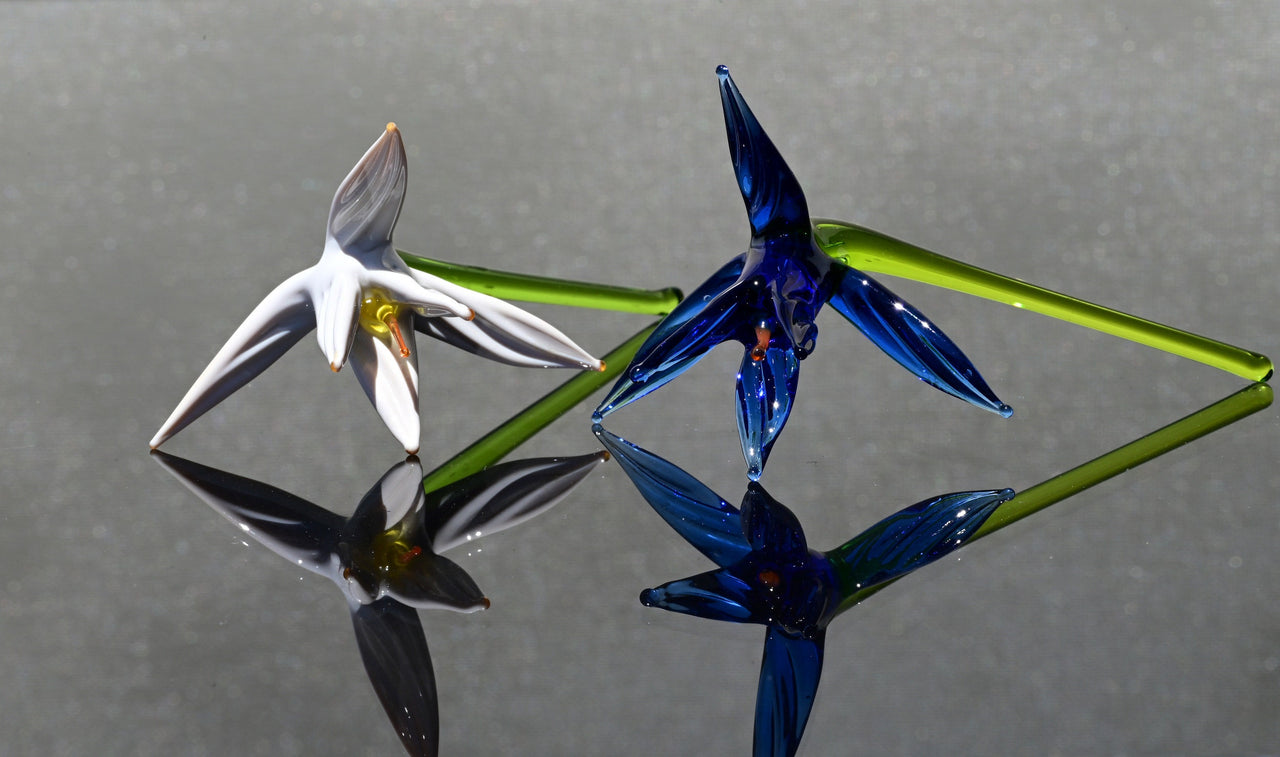 Handblown Glass Bird of Paradise Flowers: Blue and White Tropical Decor