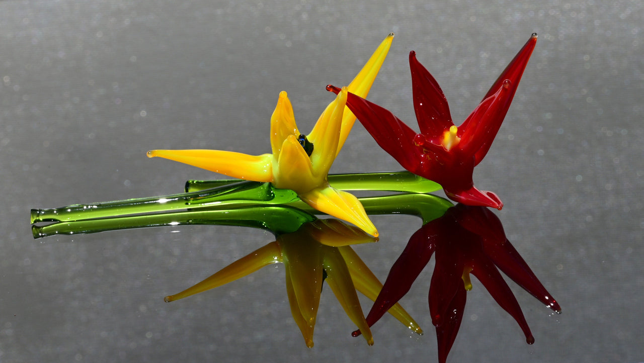 Handmade Red & Yellow Glass Bird of Paradise Flower Gift – 2 Short-Stem Blooms
