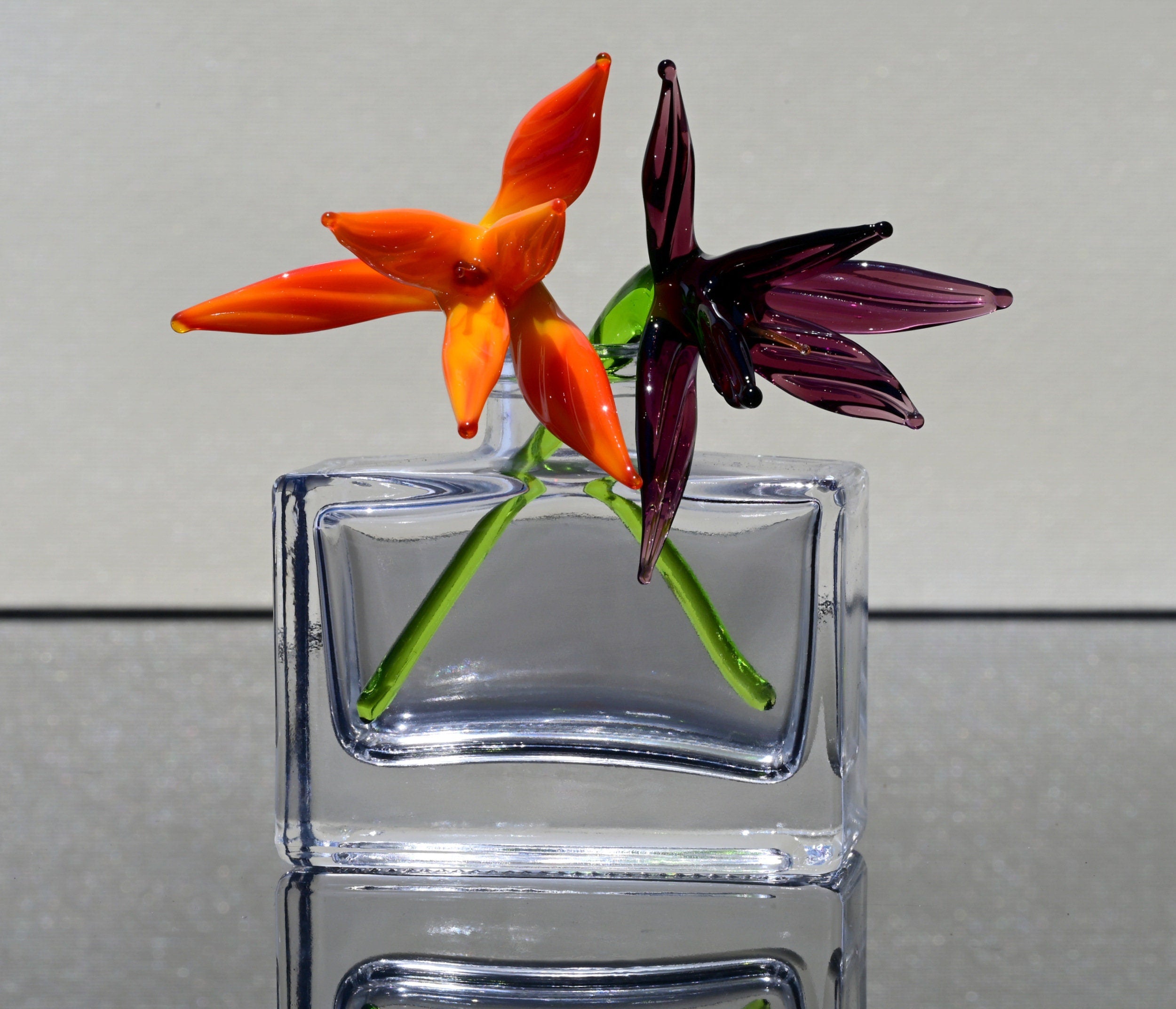 Elegant Bouquet of 2 colorful short-stem glass birds of the paradise-like flower. Unique gift. The price is for the bouquet of two flowers.