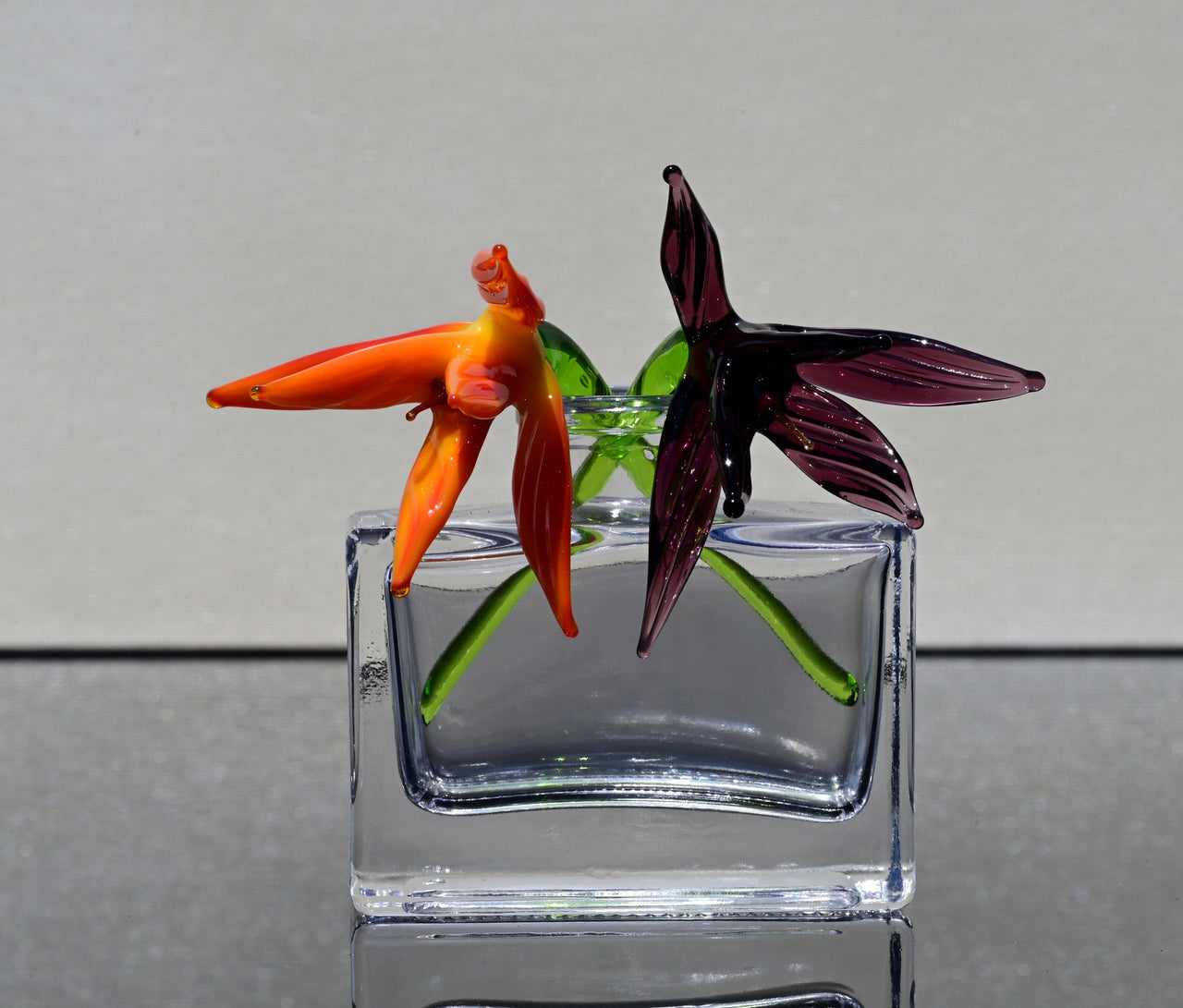 Elegant Bouquet of 2 colorful short-stem glass birds of the paradise-like flower. Unique gift. The price is for the bouquet of two flowers.