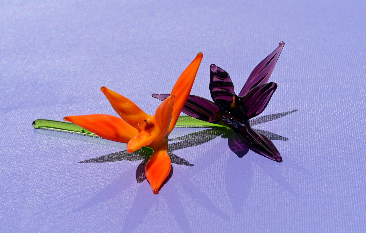 Elegant Bouquet of 2 colorful short-stem glass birds of the paradise-like flower. Unique gift. The price is for the bouquet of two flowers.