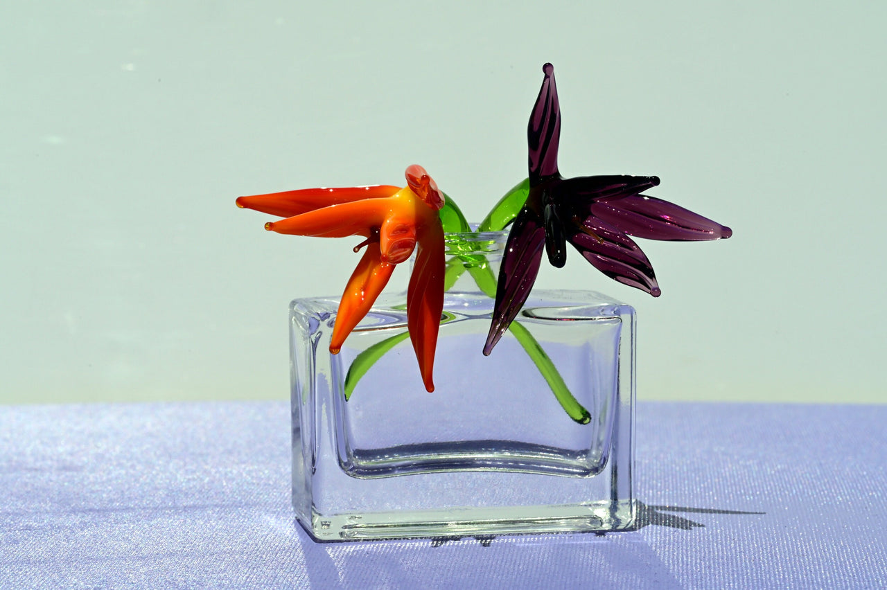 Elegant Bouquet of 2 colorful short-stem glass birds of the paradise-like flower. Unique gift. The price is for the bouquet of two flowers.