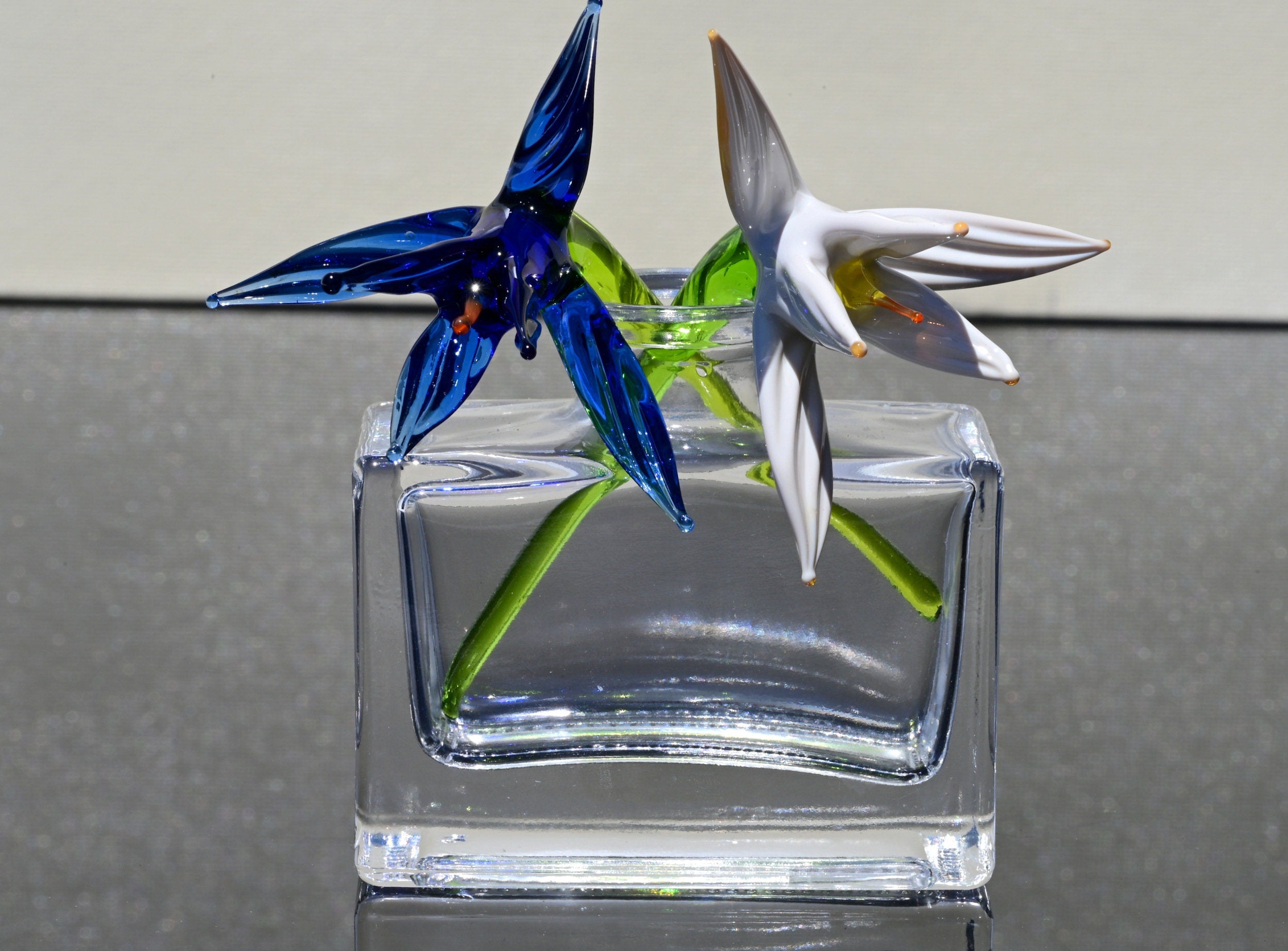 Handblown Glass Bird of Paradise Flowers: Blue and White Tropical Decor