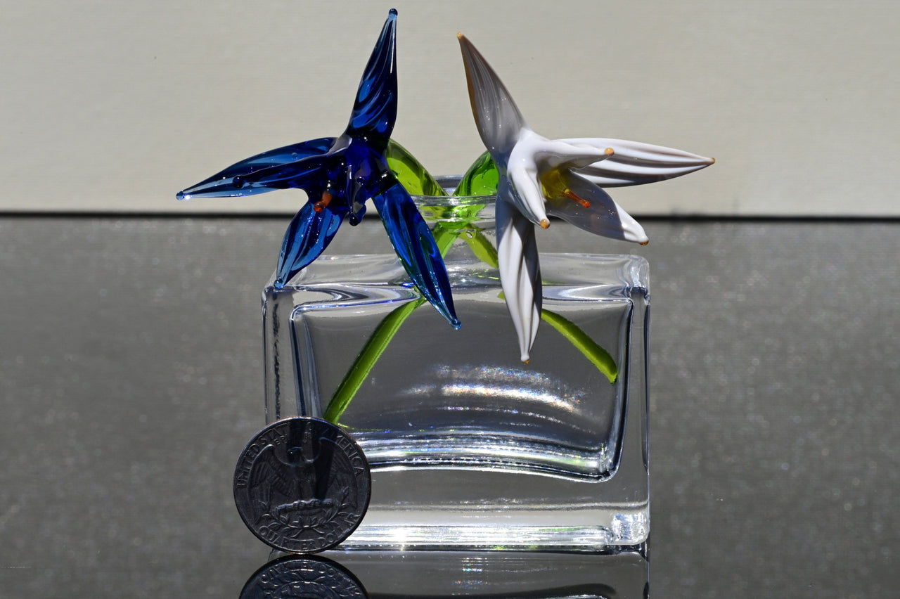 Handblown Glass Bird of Paradise Flowers: Blue and White Tropical Decor