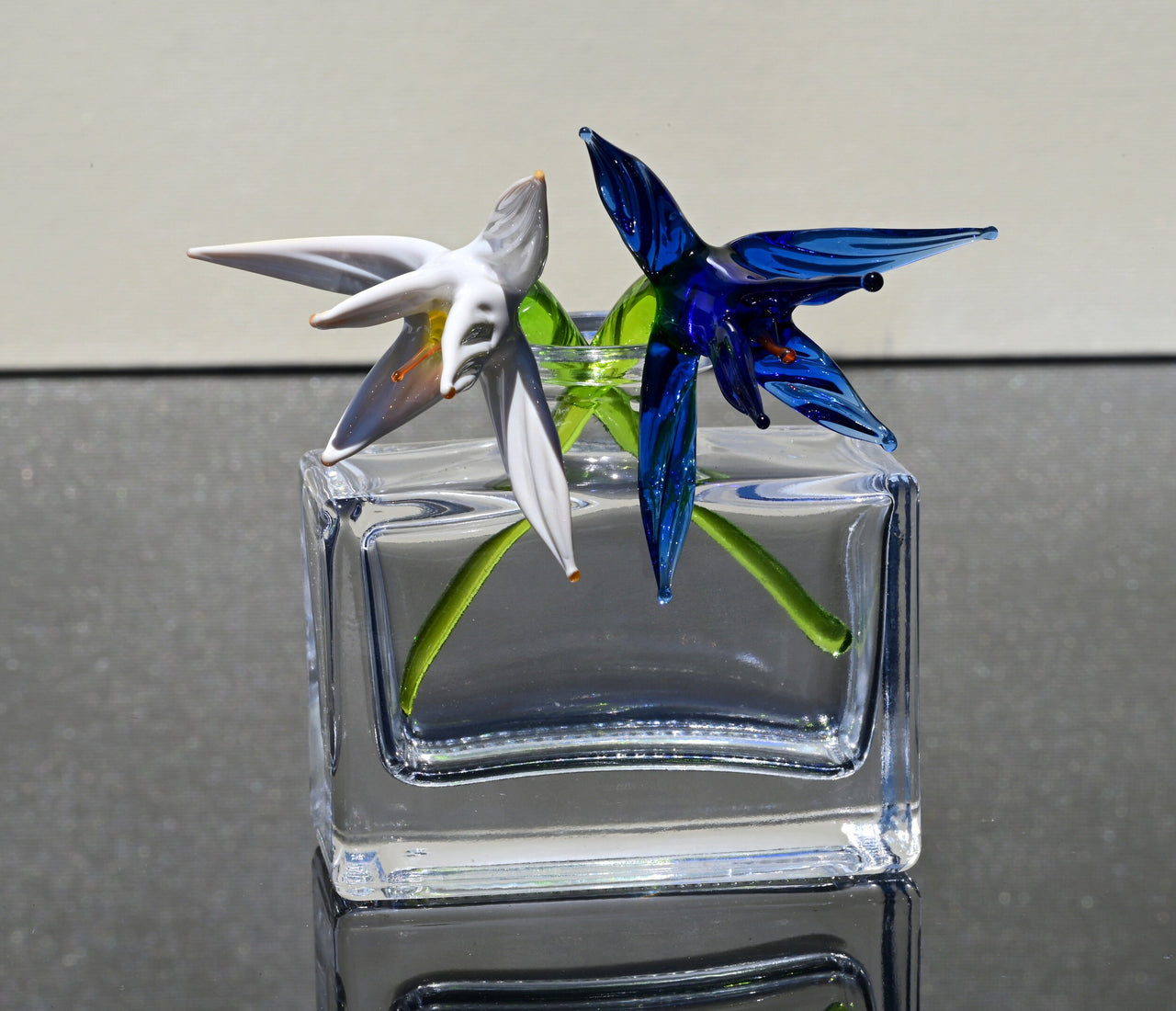 Handblown Glass Bird of Paradise Flowers: Blue and White Tropical Decor