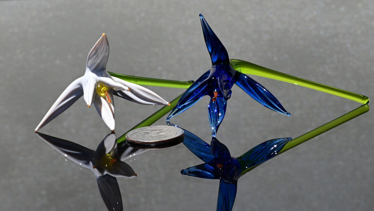 Handblown Glass Bird of Paradise Flowers: Blue and White Tropical Decor