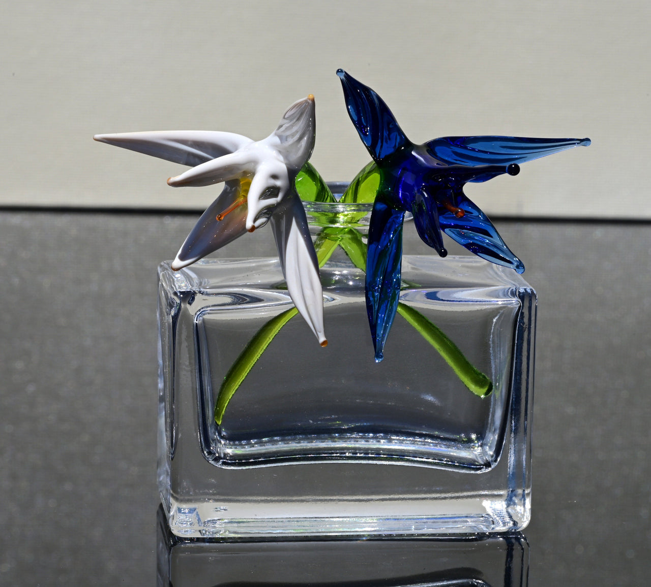 Handblown Glass Bird of Paradise Flowers: Blue and White Tropical Decor