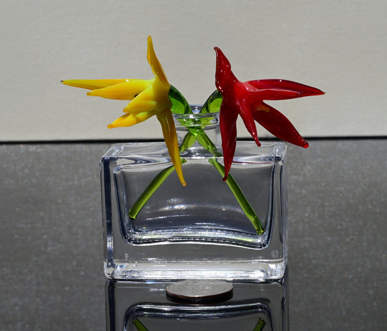 Handmade Red & Yellow Glass Bird of Paradise Flower Gift – 2 Short-Stem Blooms