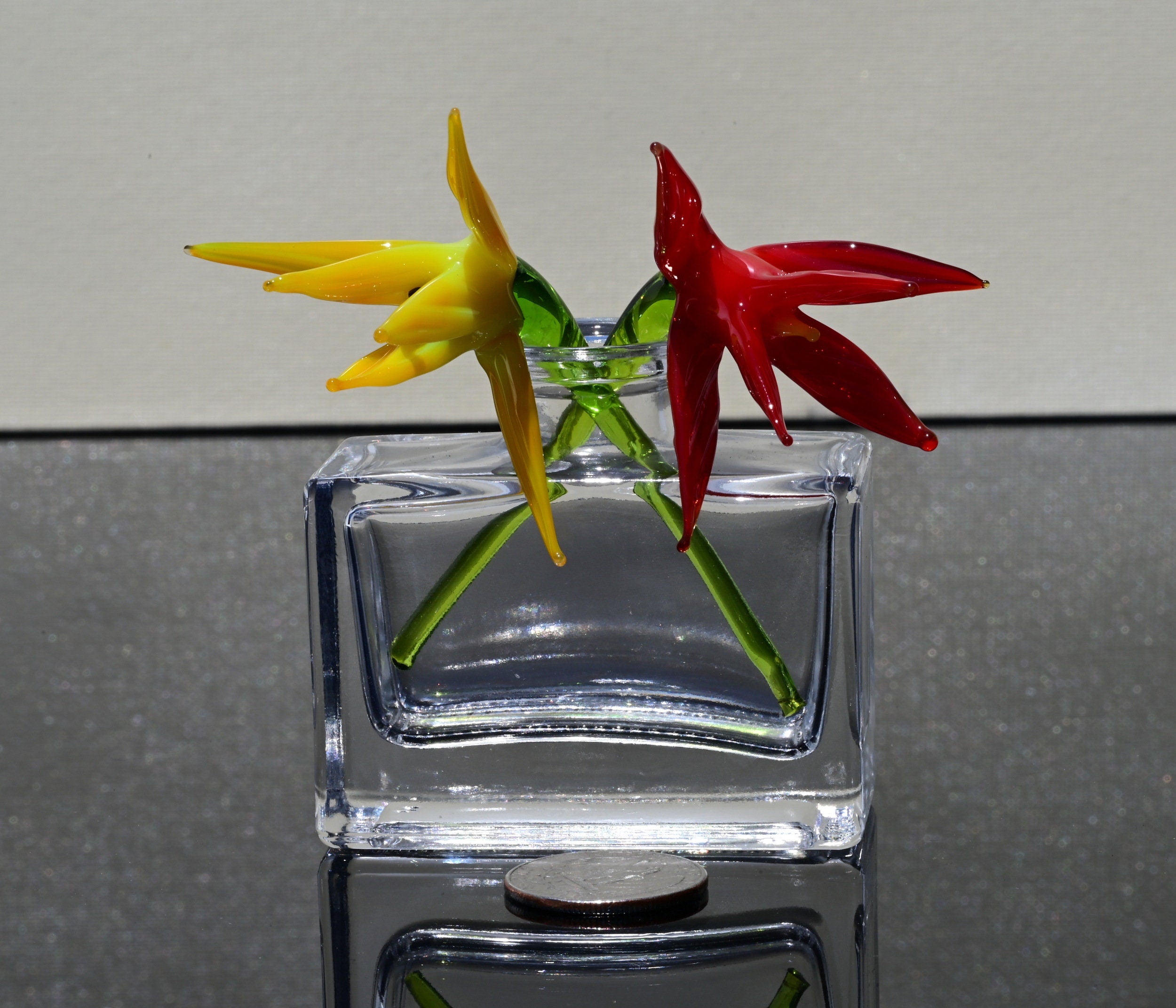 Handmade Red & Yellow Glass Bird of Paradise Flower Gift – 2 Short-Stem Blooms