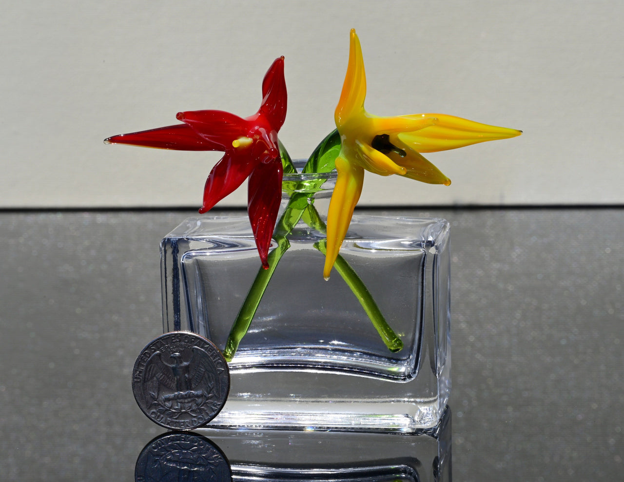 Handmade Red & Yellow Glass Bird of Paradise Flower Gift – 2 Short-Stem Blooms