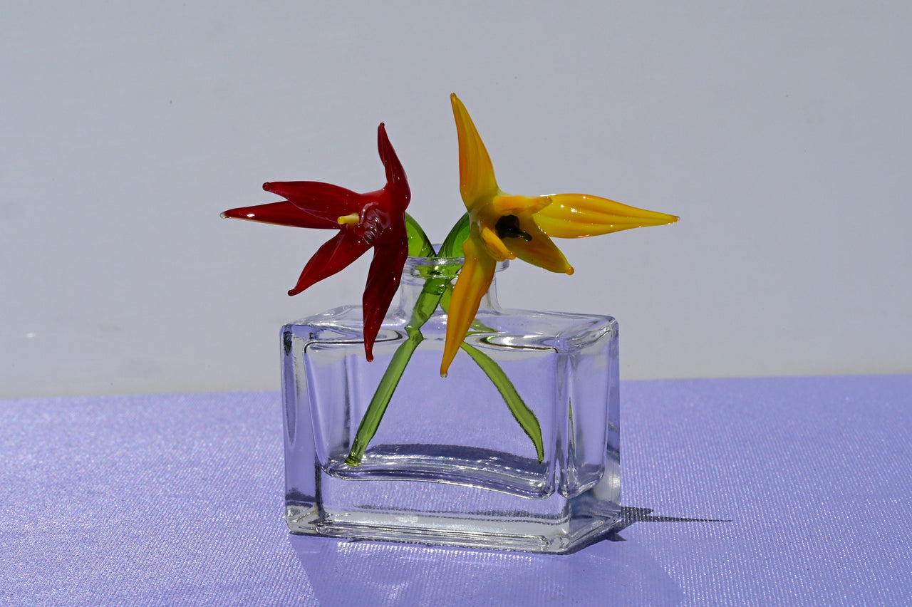 Handmade Red & Yellow Glass Bird of Paradise Flower Gift – 2 Short-Stem Blooms