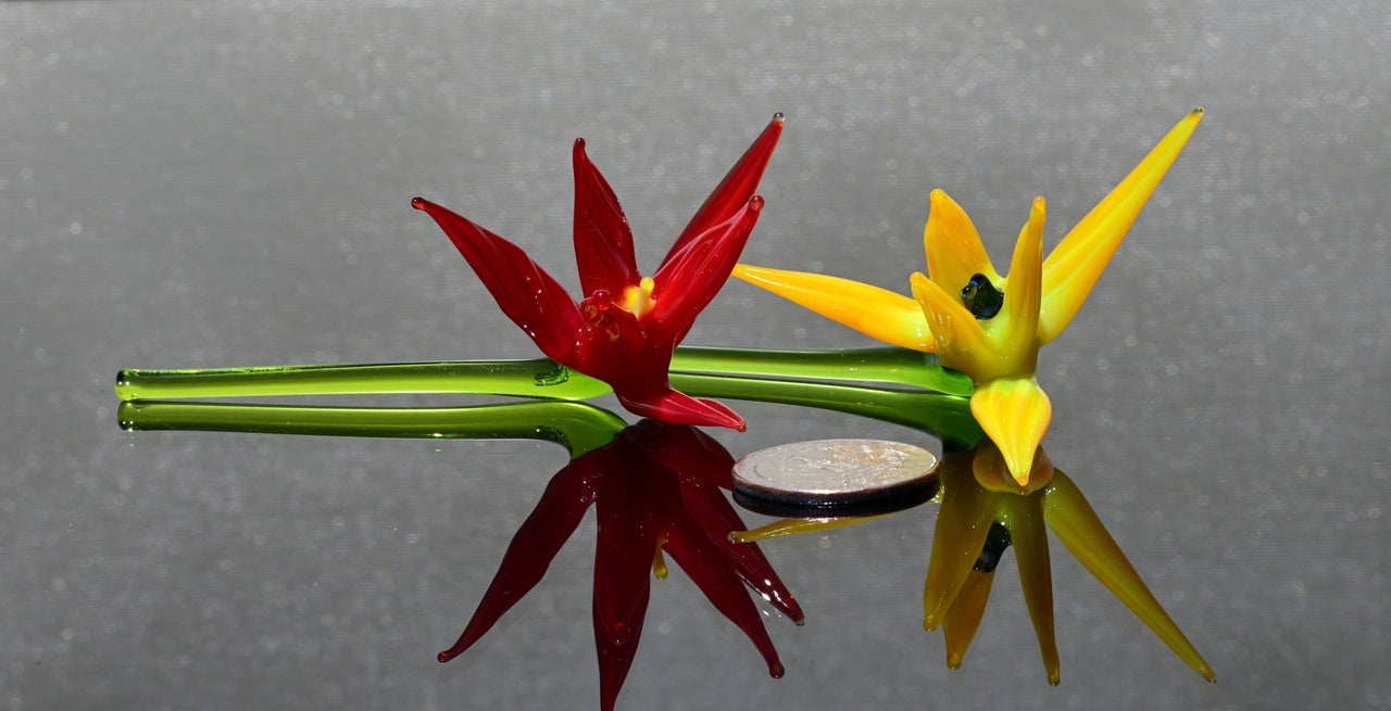 Handmade Red & Yellow Glass Bird of Paradise Flower Gift – 2 Short-Stem Blooms