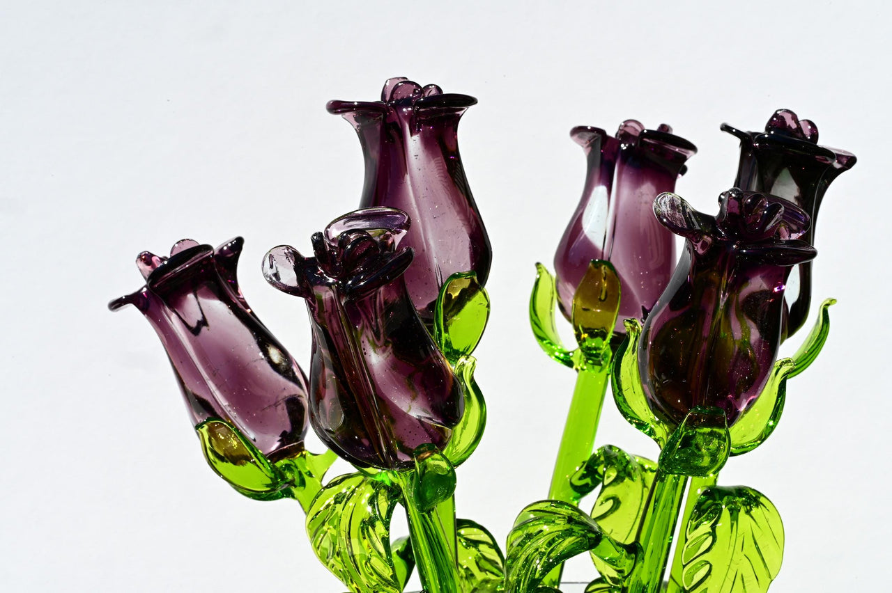 Purple Glass Flowers, Glass Rose - Blown Glass Rose - Glass Flowers Bouquet - Hand Blown Glass Flower  - Mothers Day Gifts for Her