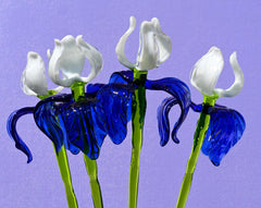 Handmade Blue-White Glass Iris Flower Sculpture - 16 Inch