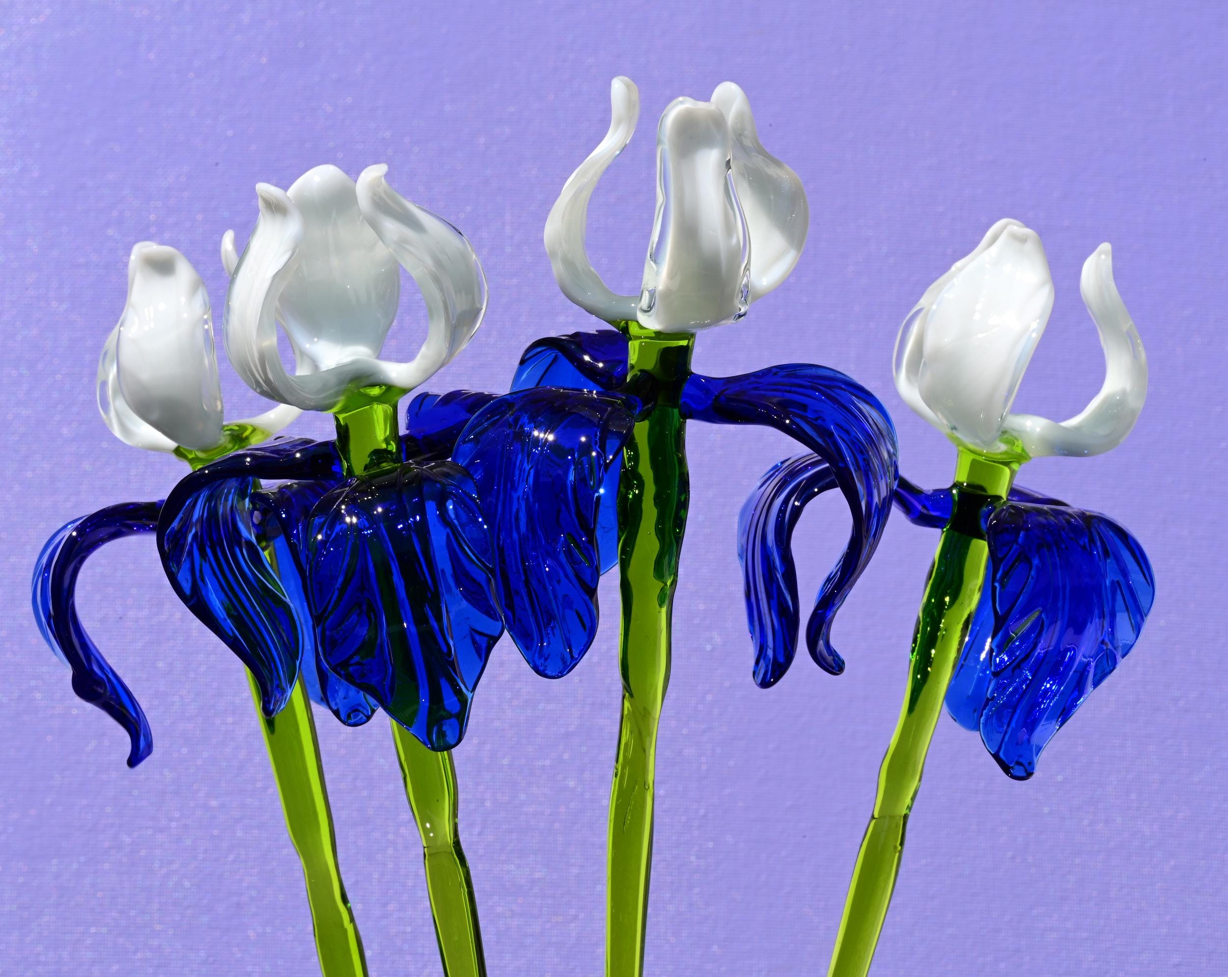 Handmade Blue-White Glass Iris Flower Sculpture - 16 Inch