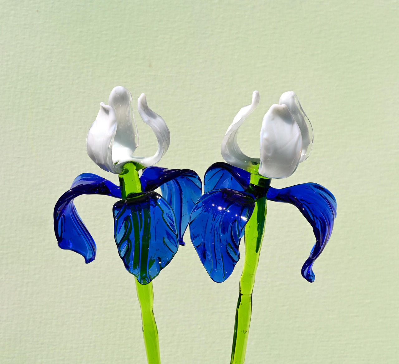 Handmade Blue-White Glass Iris Flower Sculpture - 16 Inch