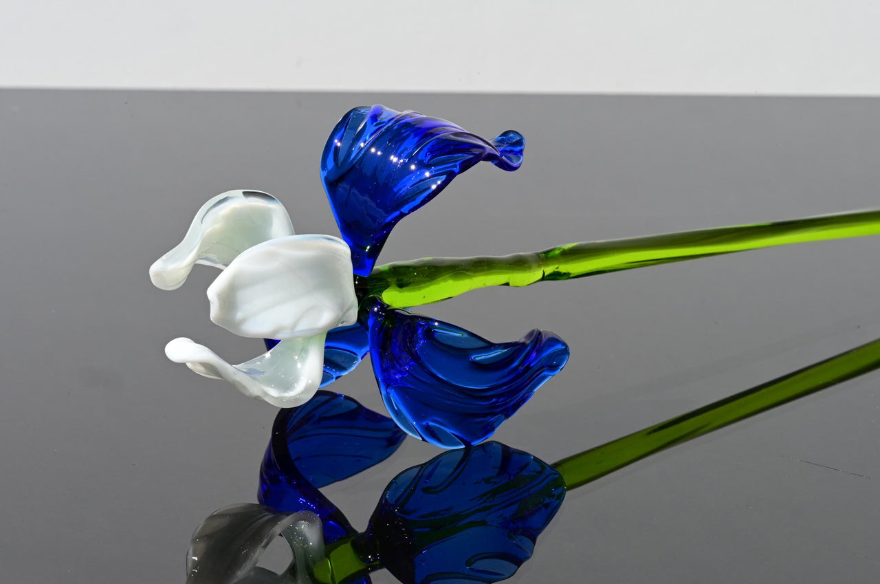 Handmade Blue-White Glass Iris Flower Sculpture - 16 Inch