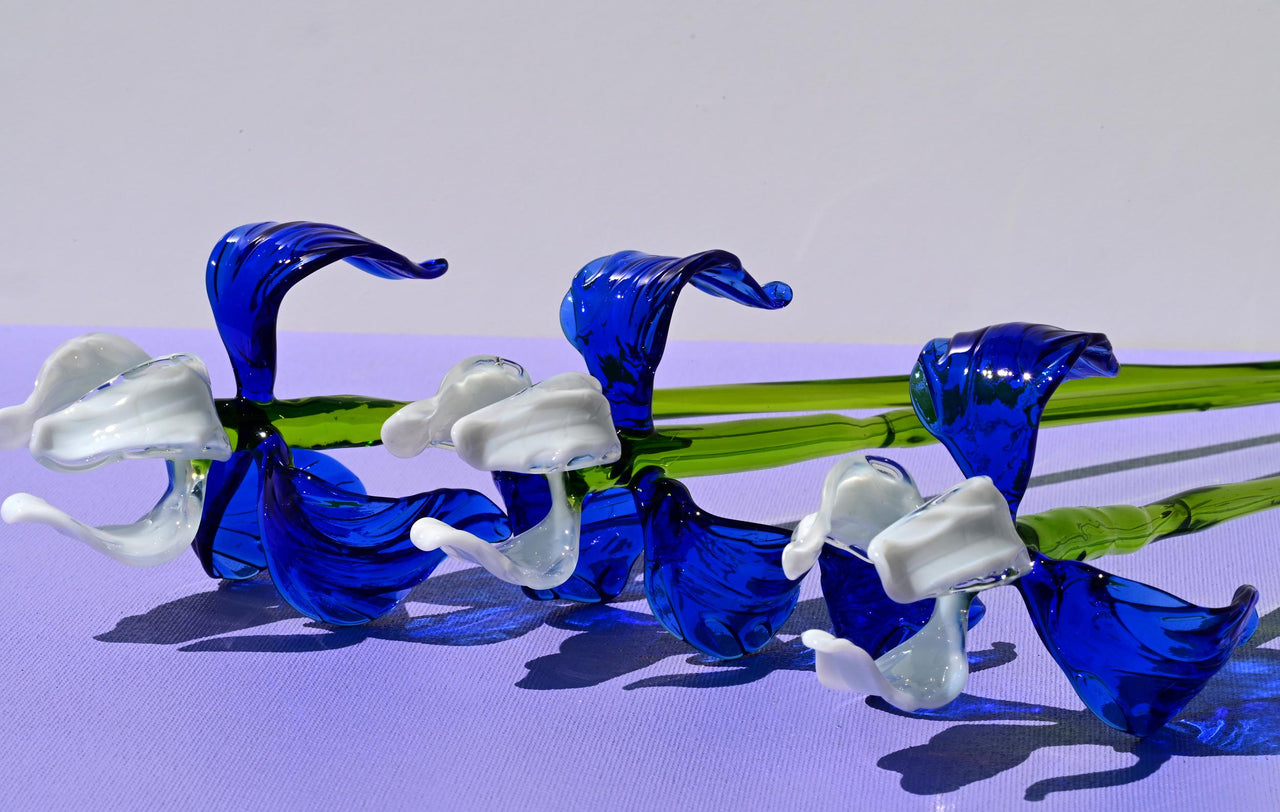 Handmade Blue-White Glass Iris Flower Sculpture - 16 Inch