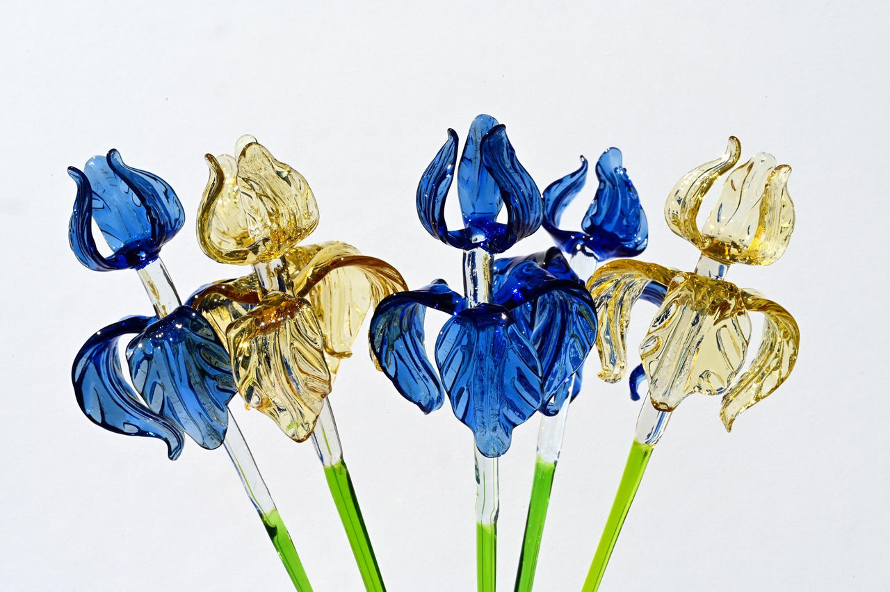 Hand-Blown Glass Iris Bouquet: Blue & Gold Flowers, Flame Work Art