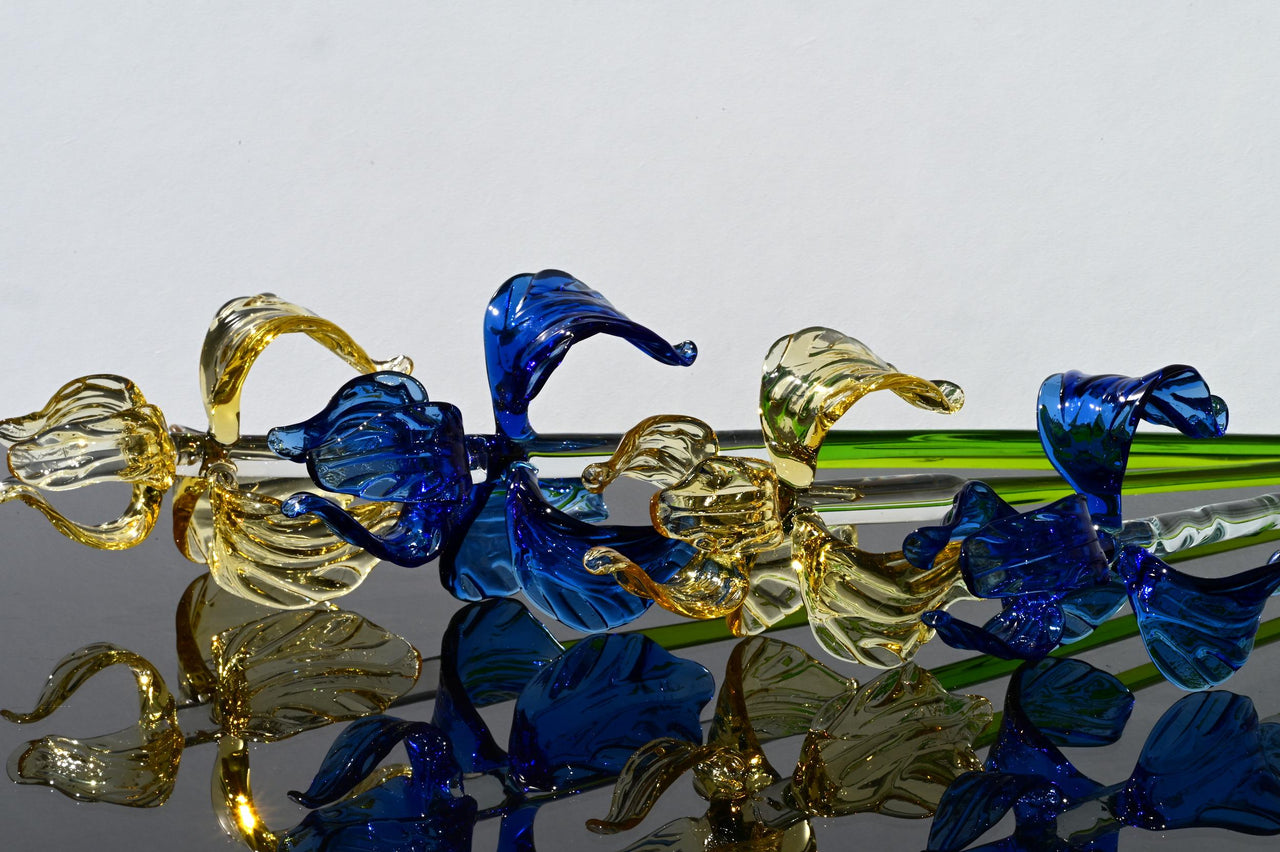 Hand-Blown Glass Iris Bouquet: Blue & Gold Flowers, Flame Work Art