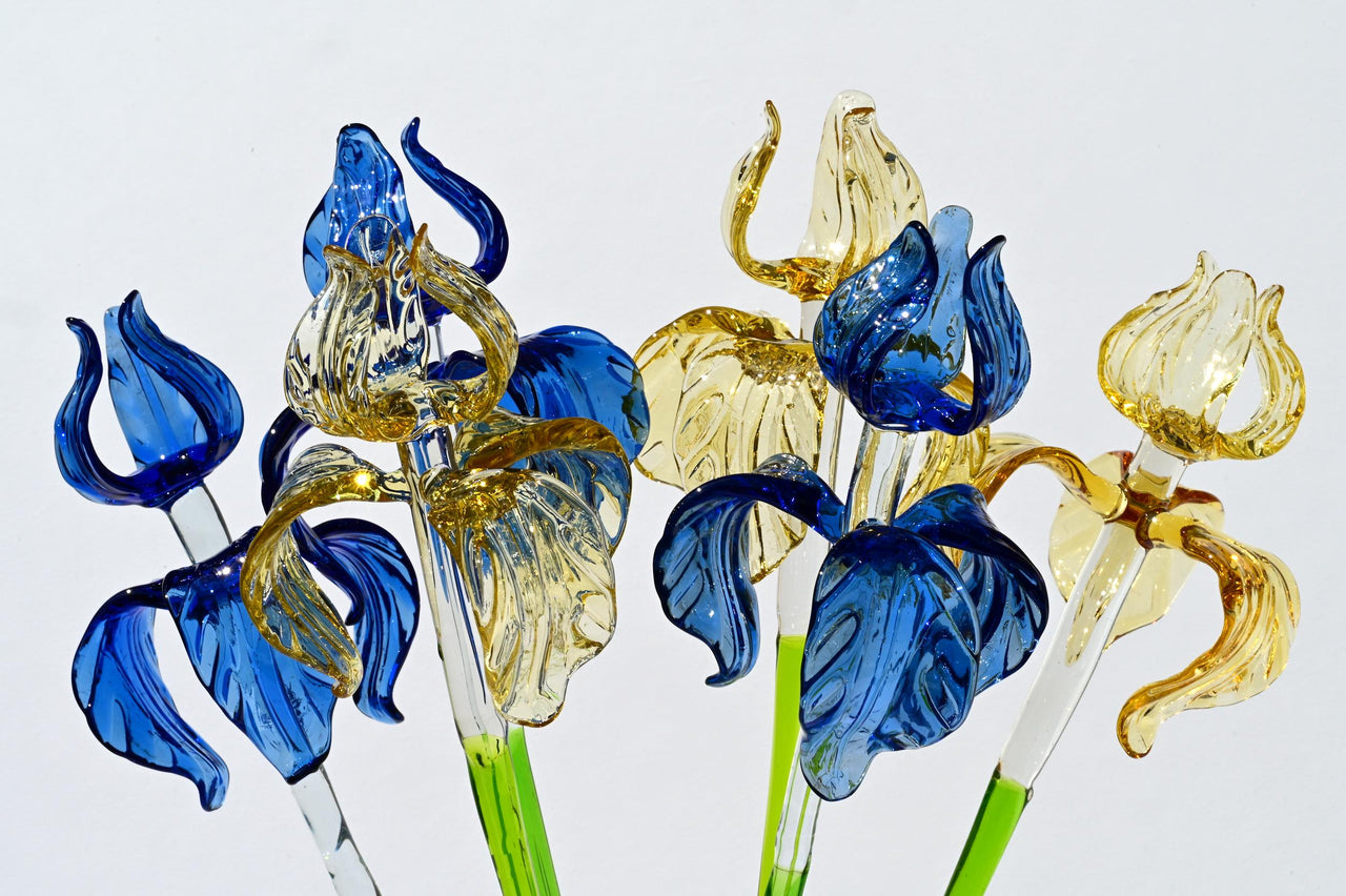 Hand-Blown Glass Iris Bouquet: Blue & Gold Flowers, Flame Work Art