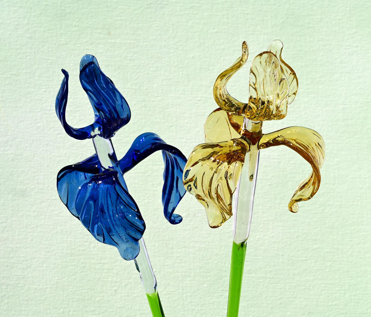 Hand-Blown Glass Iris Bouquet: Blue & Gold Flowers, Flame Work Art