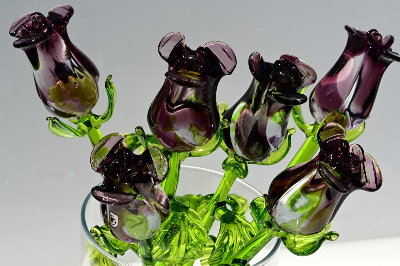 Purple Glass Flowers, Glass Rose - Blown Glass Rose - Glass Flowers Bouquet - Hand Blown Glass Flower  - Mothers Day Gifts for Her
