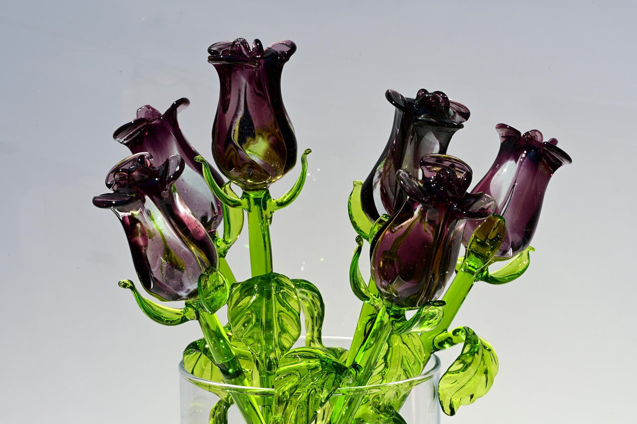 Glass Rose - Blown Glass Rose - Glass Flowers Bouquet - Purple Glass Flowers - Hand Blown Glass Flower  - Christmas Gift for Mom