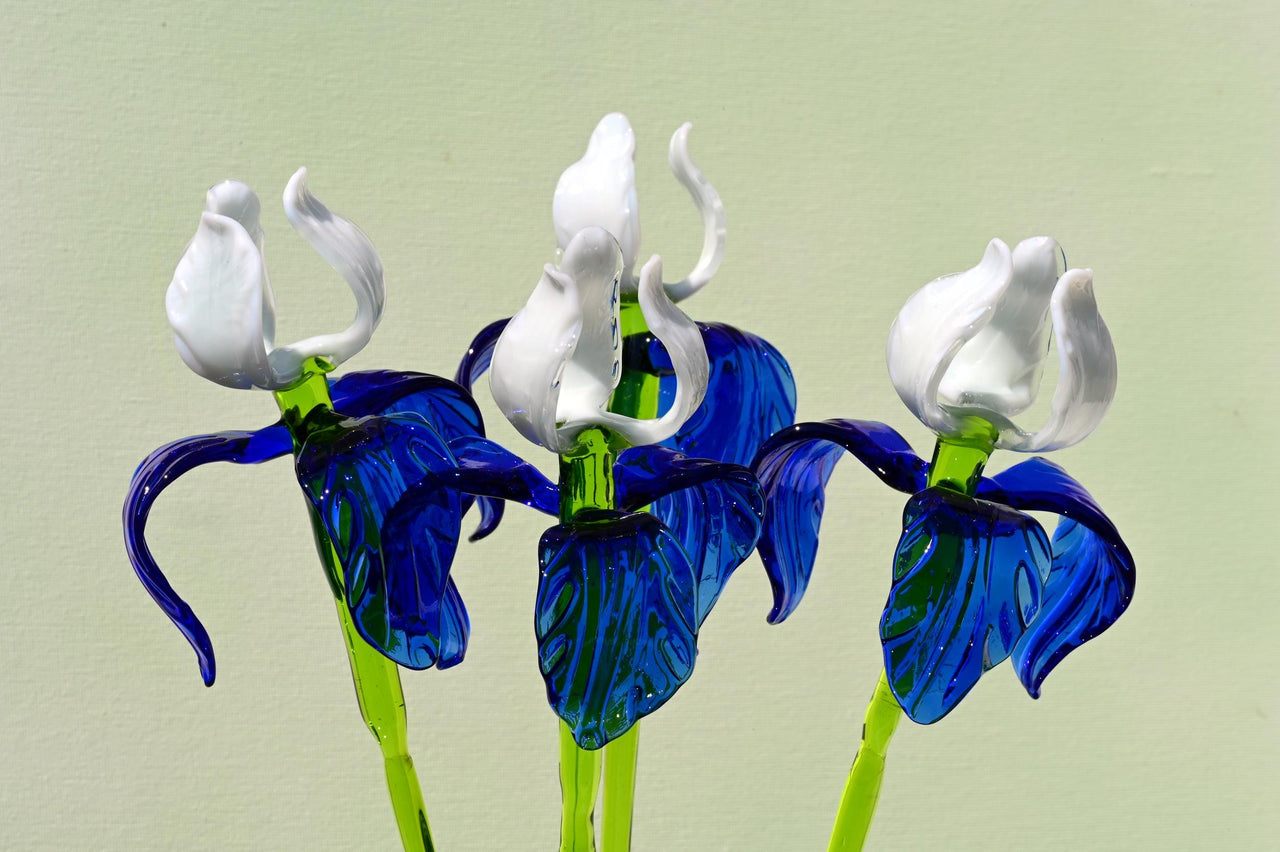 Handmade Blue-White Glass Iris Flower Sculpture - 16 Inch