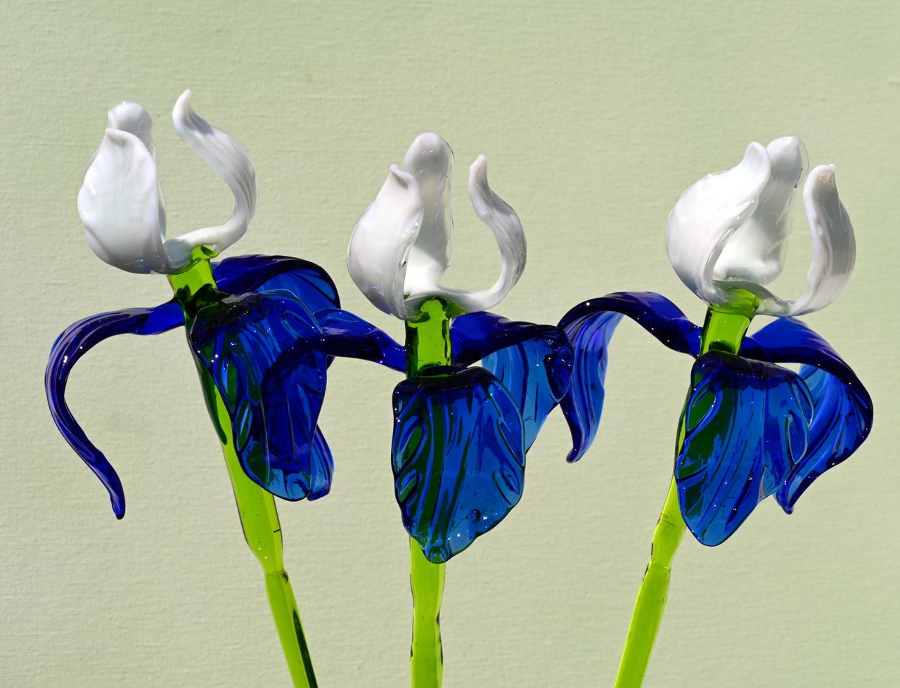 Handmade Blue-White Glass Iris Flower Sculpture - 16 Inch