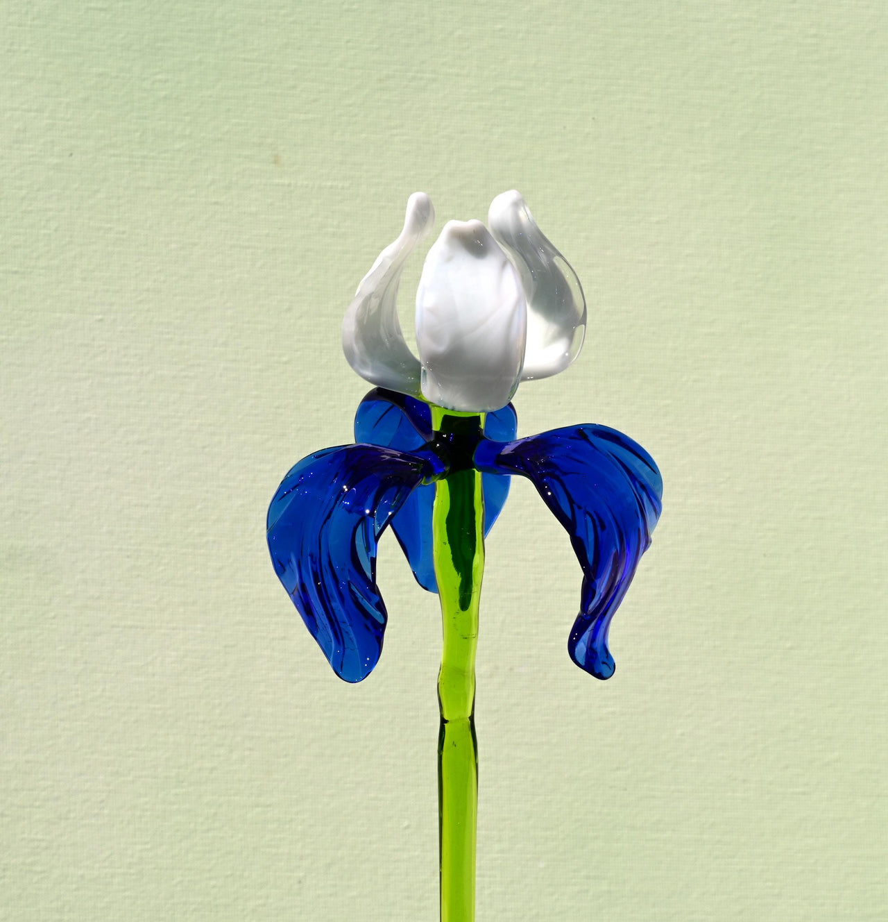 Handmade Blue-White Glass Iris Flower Sculpture - 16 Inch