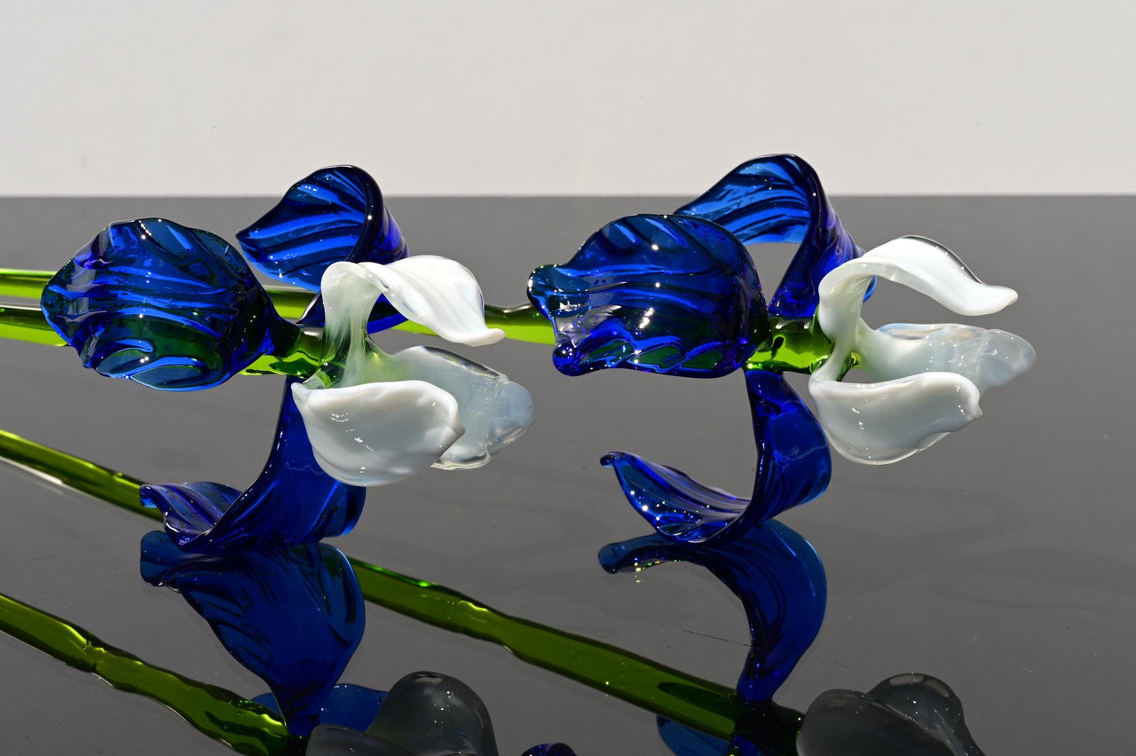 Handmade Blue-White Glass Iris Flower Sculpture - 16 Inch