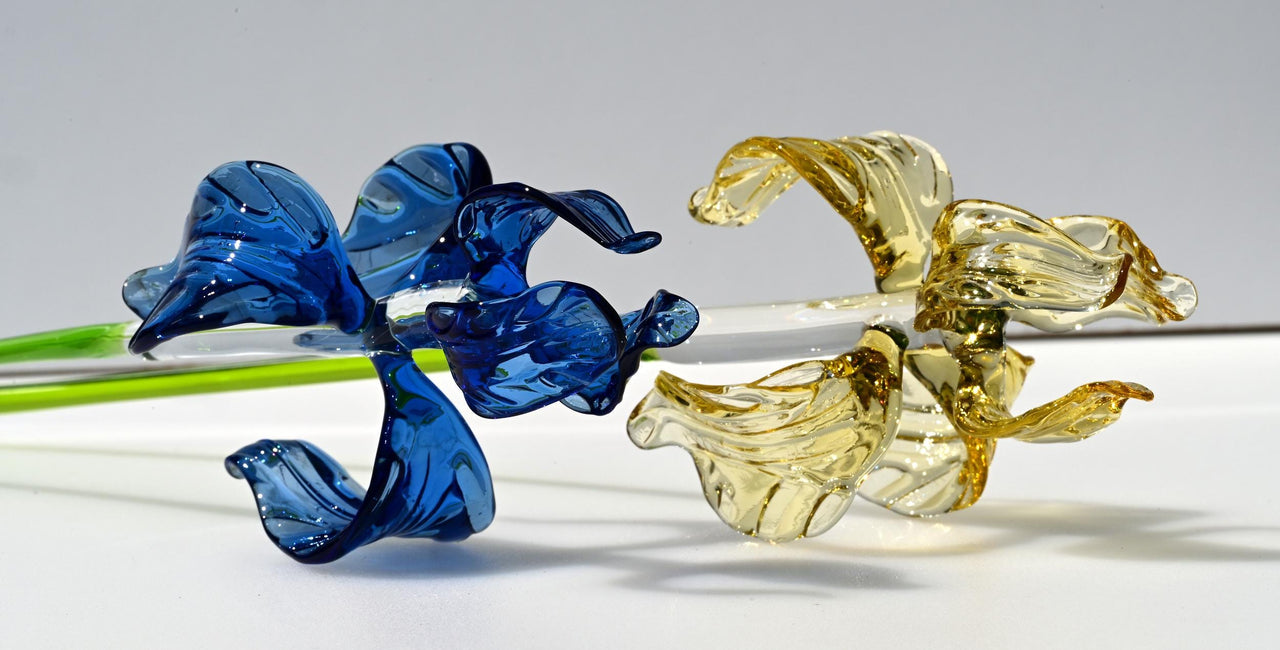 Glass Iris Flowers, Lampwork Glass Flowers Bouquet - Long Stem Glass Flowers - Glass Birth Month Flower - Birthday Gift for Her