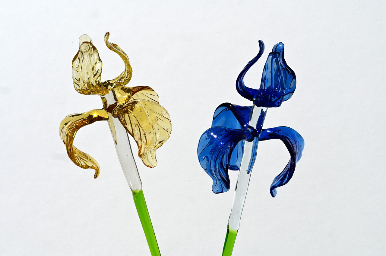 Glass Iris Flowers, Lampwork Glass Flowers Bouquet - Long Stem Glass Flowers - Glass Birth Month Flower - Birthday Gift for Her