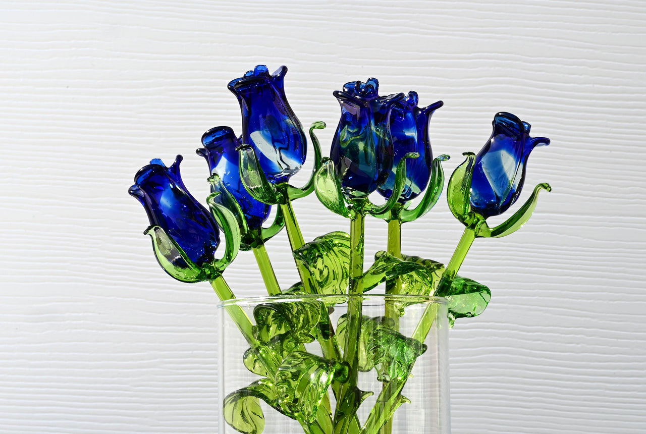 Glass Flower Bouquet - Glass Rose - Handmade Glass Flowers Rose - Blown Glass Flowers - Blue Glass Rose - Christmas Gift for Mom