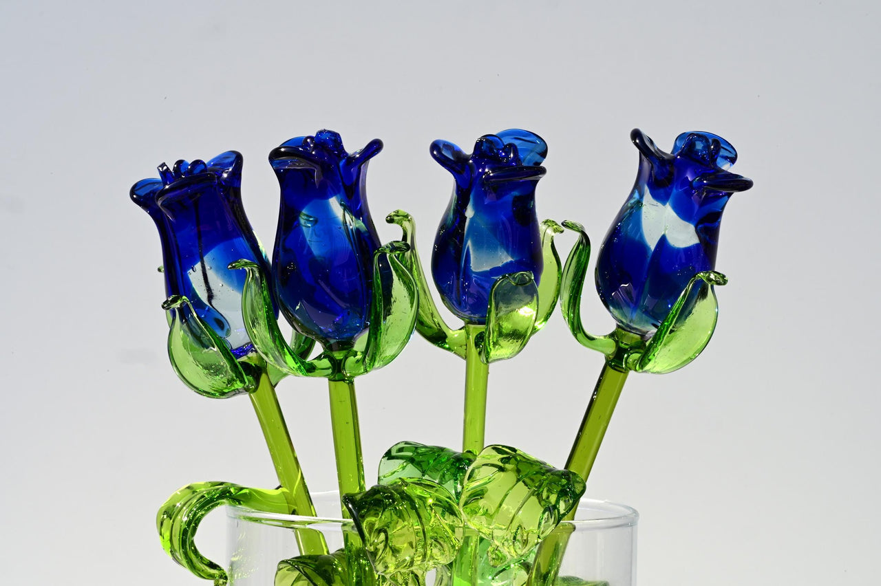 Glass Flower Bouquet - Glass Rose - Handmade Glass Flowers Rose - Blown Glass Flowers - Blue Glass Rose - Christmas Gift for Mom