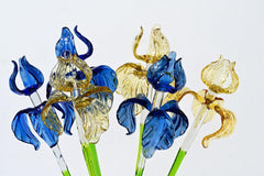 Hand-Blown Glass Iris Bouquet: Blue & Gold Flowers, Flame Work Art