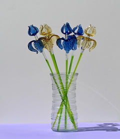 Hand-Blown Glass Iris Bouquet: Blue & Gold Flowers, Flame Work Art